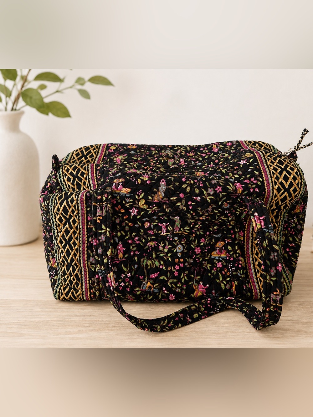 Vera Bradley Black Quilted Shoulder Bag with Pink Floral Print
